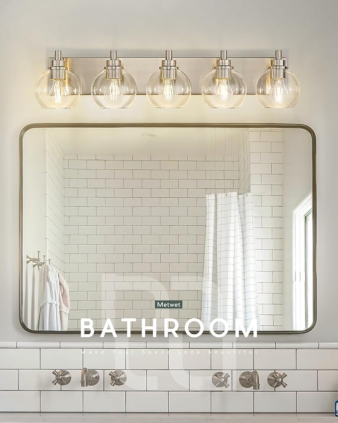 Bathroom Light Fixtures, 5 Light Brushed Nickel Vanity Light, 32 Inch Modern Wall Sconces with Globe Clear Glass Shade, Vanity Lighting Fixtures Over Mirror, VL195-BN-CL-5