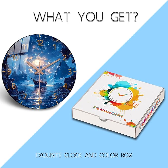 Coastal Wooden Wall Clock Battery Operated 10 Inch Sailing Boat Silent Wall-Clock Non Ticking Analog Blue Wall Clocks for Bedroom, Office Decor