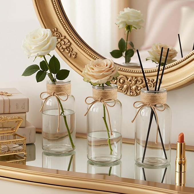 Vintage Glass Flower Vase Set of 8 Clear Vases with Hemp Rope for Farmhouse Wedding Centerpiece Cylinder Bottle for Reception Table Decoration Home Decor Floral Arrangements(Large)