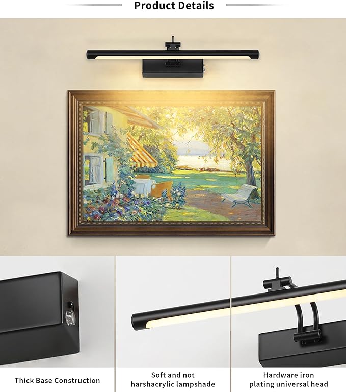 Joosenhouse Battery Operated Picture Light 5000mAh Rechargeable Black Art Light 15.7" Wireless Picture Lights for Wall with Remote Control for Paintings Photo Spot Lights Indoor