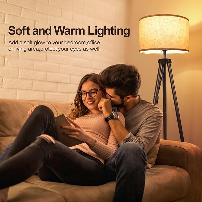 OUTON Wood Tripod Floor Lamp, Mid Century LED Dimmable Floor Lamp with Remote Control, 4 Color Temperature, Sturdy Tall Standing Lamp with Beige Linen Texture Shade for Living Room, Bedroom, Office