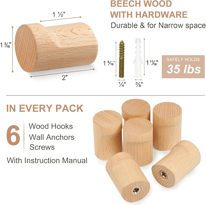 Wood Wall Hooks for Hanging, 6 Pack Rustic Coat Hooks Wall Mount, Handmade Wooden Pegs Hat Hook, Entryway Walls Hanger for Coat Purse, Boho Bathroom Towel Rack (Beech Wood)