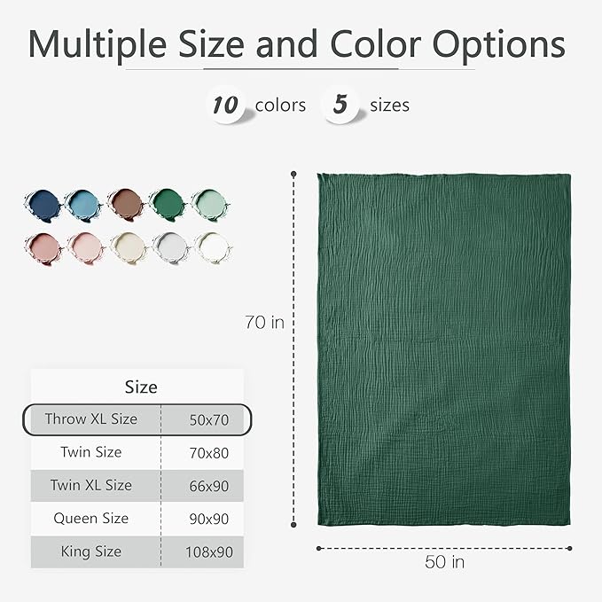 Carriediosa 100% Cotton Muslin Throw Blanket 50" X 70" Throw XL Size,4-Layers Summer Gauze Throws for Bed Couch,Soft Lightweight Breathable Linen Blankets Bedspread for Adults All Season,Dark Green