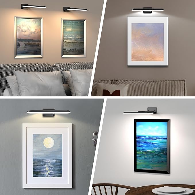 2 Pack Picture Lights for Wall, Rechargeable LED Picture Light Battery Operated with Remote, Dimmable Poster Light for Paintings, Portraits, Art Frames, Display Lighting for Wall Decor,Black