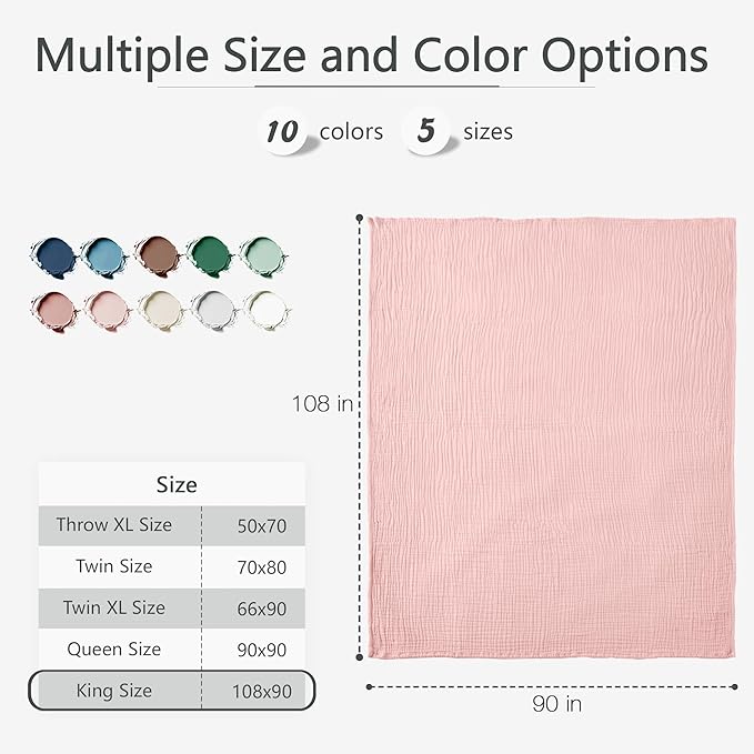 Carriediosa 100% Cotton Muslin Throw Blanket 108" X 90" King Size,4-Layers Summer Gauze Throws for Bed Couch,Soft Lightweight Breathable Linen Blankets Bedspread for Adults All Season,Dusty Pink