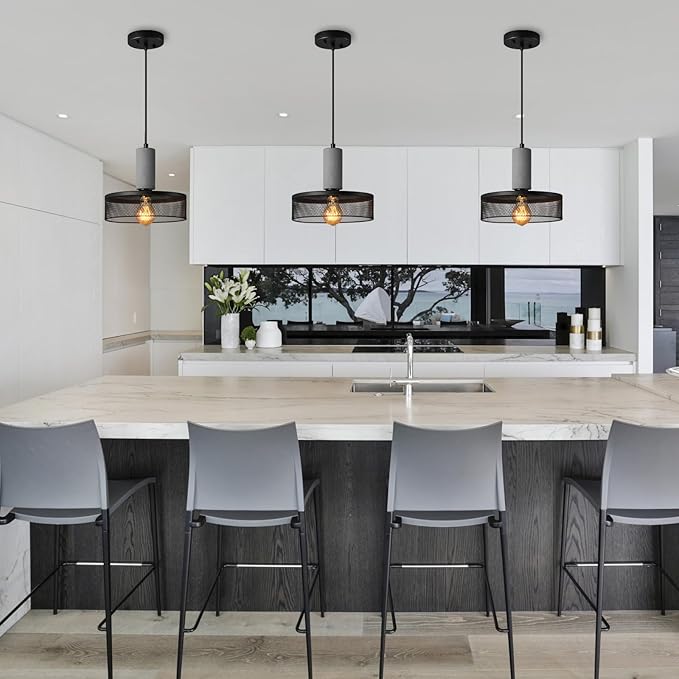 Pendant Light Fixture with Concrete and Black Metal Linear Modern Industrial Hanging Cement Pendant Lighting Kitchen Island for Bedroom Dining Room Living Room Bar(1 Pack)