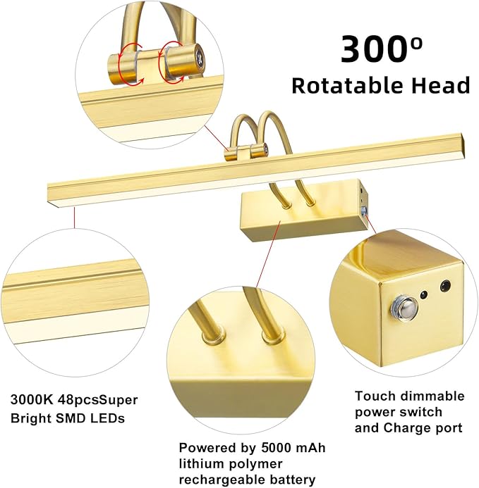 FUNCHDAY Picture Light Wireless, 13inch Rechargeable Battery Operated Gallery Painting Light with Remote, 280LM Dimmable Metal Art Lights for Paintings,Wall,Portrait (Brass)