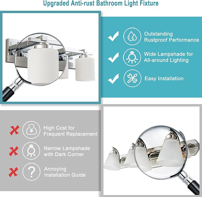 3 Light Modern Bathroom Light Fixtures Over Mirror, Chrome Vanity Lights for Bathroom Wall Sconces with Milky White Glass Shades, E26 Socket (Bulbs Not Included)