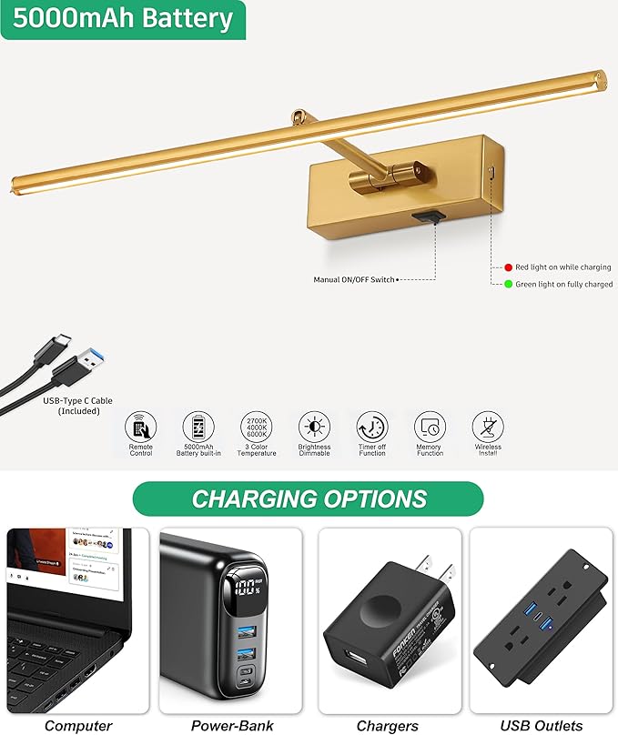 Battery Operated Picture Light with Wireless Remote 3CCT Dimmable Gold Wall Art Lights for Paintings 3 Color Rechargeable cordless decor Gallery Light 20’‘ Artwork Lighting for Canvas Timer Function