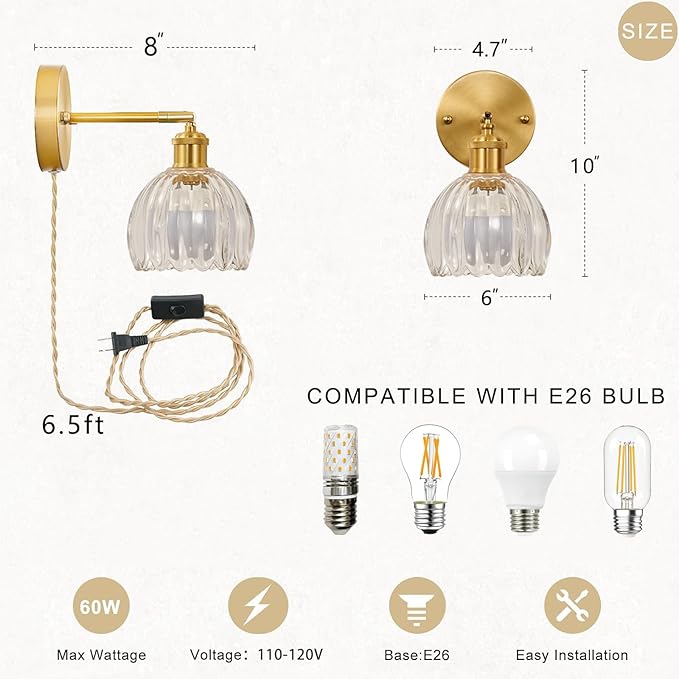 Plug in Wall Sconces Set of 2, Vintage Wall Lamp with Plug in Cord Clear Tulip Shade Decor Indoor, Gold Wall Light for Bedroom Bedside Kids Living Room Bathroom