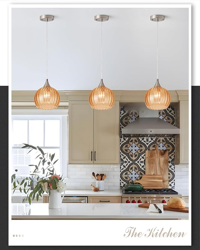 Brushed Nickel Pendant Lights Kitchen Island, Globe Pendant Light Fixtures with 8 Inch Clear Glass Shade, Modern Hanging Light Fixtures for Kitchen, Bedroom (2 Pack - Amber Glass Pendant Light)