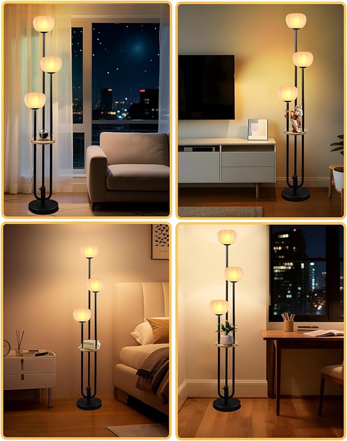 Lightdot Black Floor Lamp with Table, Modern Dimmable Floor Lamps with Pumpkin Lampshade, 3000K Soft Warm White Bulbs Included, 3-Light Tall Standing Lamp for Living Room/Bedroom
