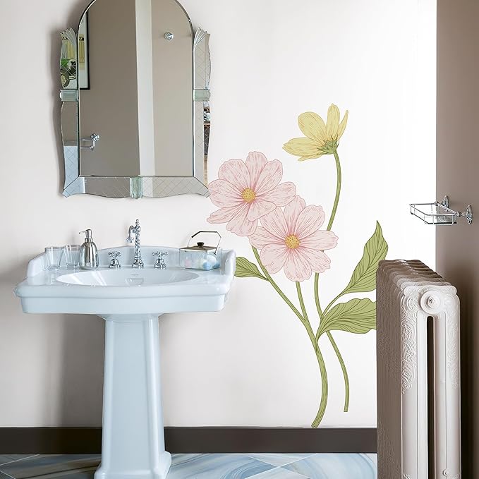 Large Flower Wall Decals 61" H x 31.1" W Peel and Stick Yellow Pink Daisy Wall Sticker Boho Floral Decal for Door Decorative Vinyl Wall Art Mural for Bedroom Living Room Classroom Office