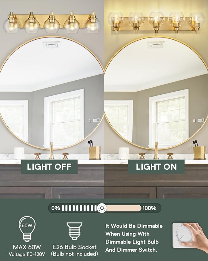 Bathroom Light Fixtures, 5 Light Brushed Gold Vanity Light, 32 Inch Modern Wall Sconces with Globe Clear Glass Shade, Vanity Lighting Fixtures Over Mirror, VL195-BG-CL-5