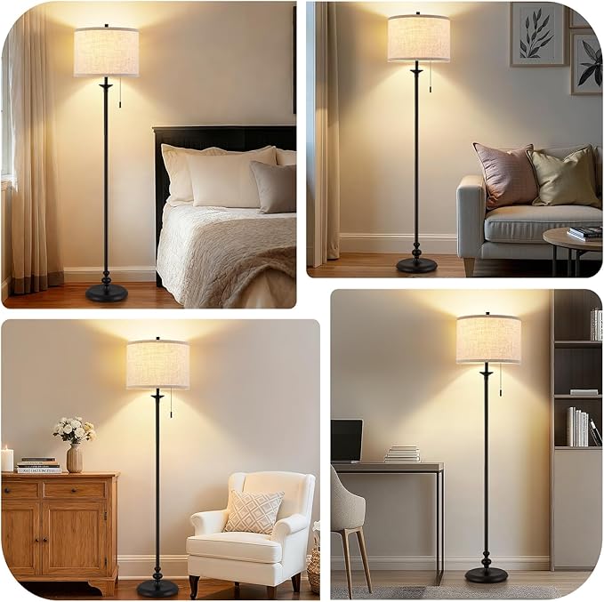 Luvkczc Black Floor Lamp, 60" Standing Lamp Tall Lamp with Fabric Lampshade&Pull Chain Corner Floor Lamps for Living Room, Bedroom & Office Bulbs Not Included