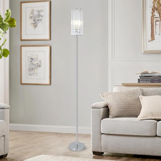HMVPL Chrome Floor Lamp for Living Room, Modern Pole Floor Lamp for Bedroom with K9 Crystal Shade, Silver Standing Lamp for Corner with On/Off Switch,Elegant Tall Lamp for Nursery Kids Girls Room Home