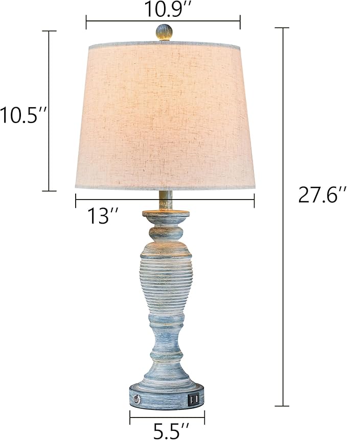 Blue Lamps Set of 2, 27.7" Table Lamps for Living Room with USB A+C Ports, Touch Lamp for Bedroom, 2 Bulbs Included
