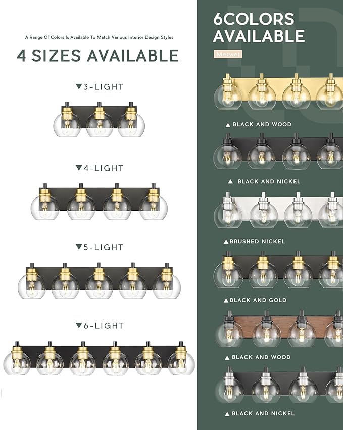 Bathroom Light Fixtures, 5-Light Black and Gold Bathroom Vanity Light, 32 Inch Modern Wall Sconces with Globe Clear Glass Shade, Vanity Lighting Fixtures Over Mirror, VL195-KG-5