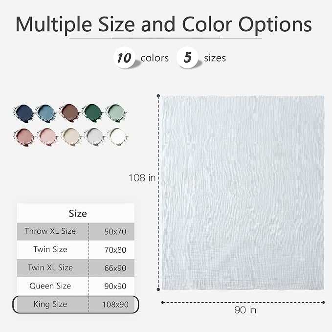 Carriediosa 100% Cotton Muslin Throw Blanket 108" X 90" King Size,4-Layers Summer Gauze Throws for Bed Couch,Soft Lightweight Breathable Linen Blankets Bedspread for Adults All Season,White