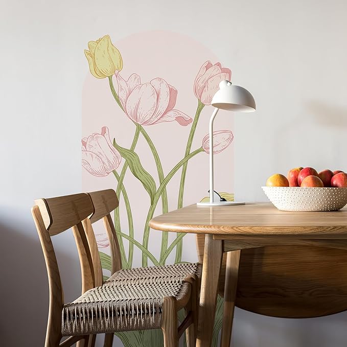 Large Floral Wall Decals Peel and Stick Tulip Floral Arch Decal 59" H x 29.5" W Tulip Flower Wall Art Pink Yellow Vinyl Stickers for Door Bedroom Bathroom Entrance Decor