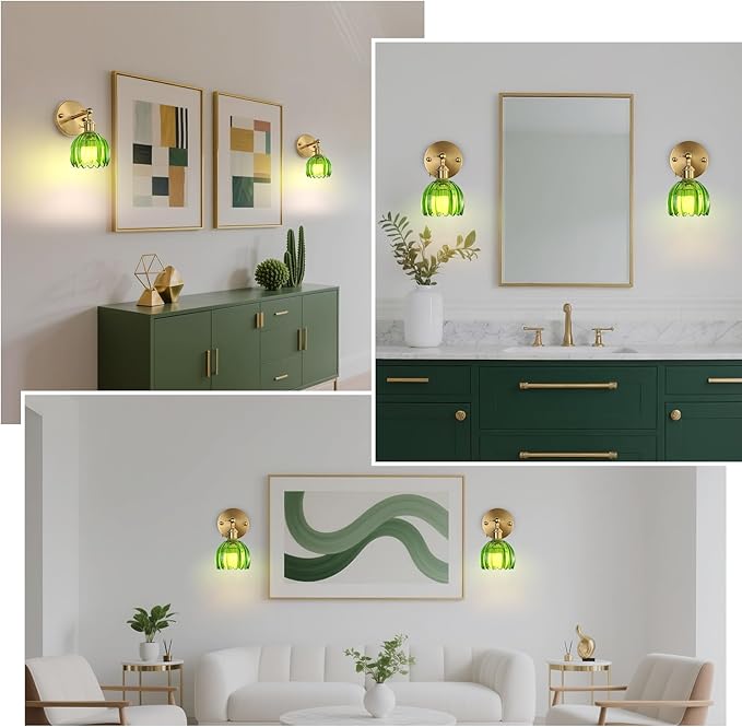 Battery Operated Wall Sconce Set of 2 with Green Floral Glass Shade Vintage Wireless Wall Light with Remote Control for, Living Room, Bedroom, Dressing Table and Bathroom Timer/Memory Function/Dimmer