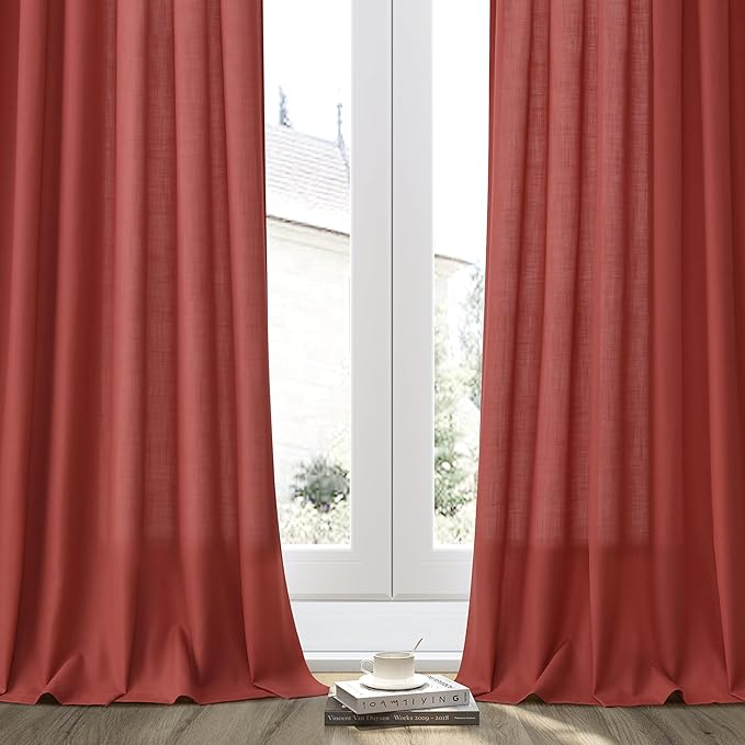 Guken Red Linen Curtains 84 Inch Length for Living Room Bedroom 2 Panels Set Rod Pocket Light Filtering Semi Sheer Window Curtains 52 Inch Width Boho Farmhouse Linen Drapes, W52xL84