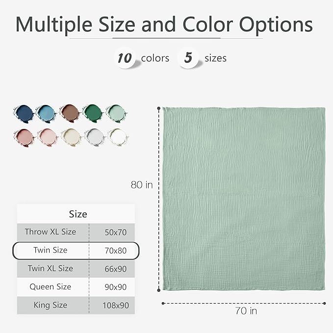 Carriediosa 100% Cotton Muslin Throw Blanket 70" X 80" Twin Size,4-Layers Summer Gauze Throws for Bed Couch,Soft Lightweight Breathable Linen Blankets Bedspread for Adults All Season,Sage Green