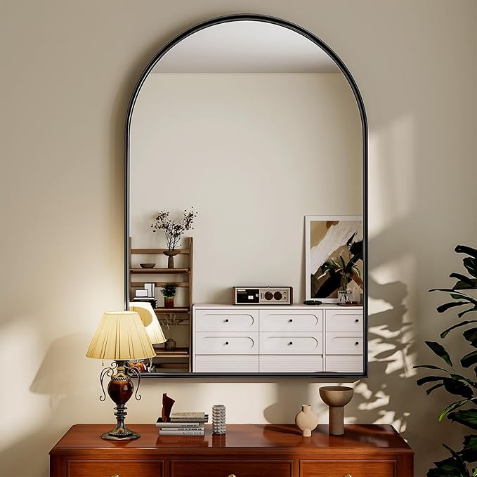 20" x 30" Luxury Arched Bathroom Mirror - Arch Wall Mirror with Shatterproof Tempered Glass and Metal Deep Frame, Hanging or Leaning for Living Room, Dresser, Entrance and Hallway, Black