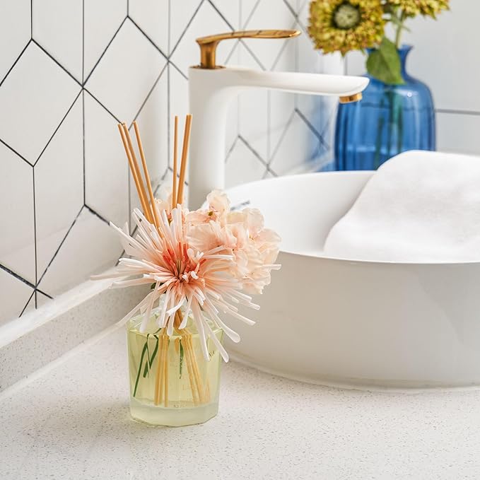 COCORRÍNA Reed Diffuser - Clean Linen 8.5oz Flower Reed Diffuser Set with 8 Sticks, Home Fragrance Reed Diffuser for Home Bedroom Office Bathroom Shelf Decor (Master Collection)