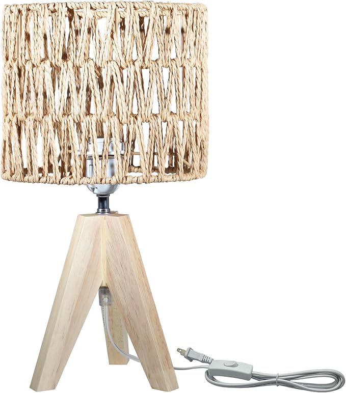Tripod Table Lamp Light with Birch Color Wooden Base, Wooden Desk Lamp with Rattan Lampshade, 14.37 in Small Lamps, E26 Base Bedside Lamps for Night Stands, Home, Office, Living Room, Dorm(Triangle)