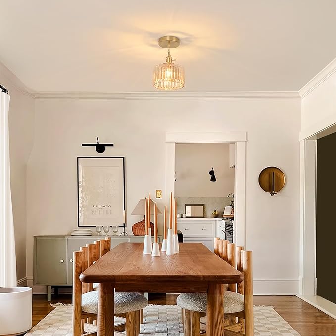 Pendant Light with Amber Striped Glass Lmapshade, Brass Vintage Pendant Light Adjustable Hanging Light for Kitchen Island Dining Room Hallway