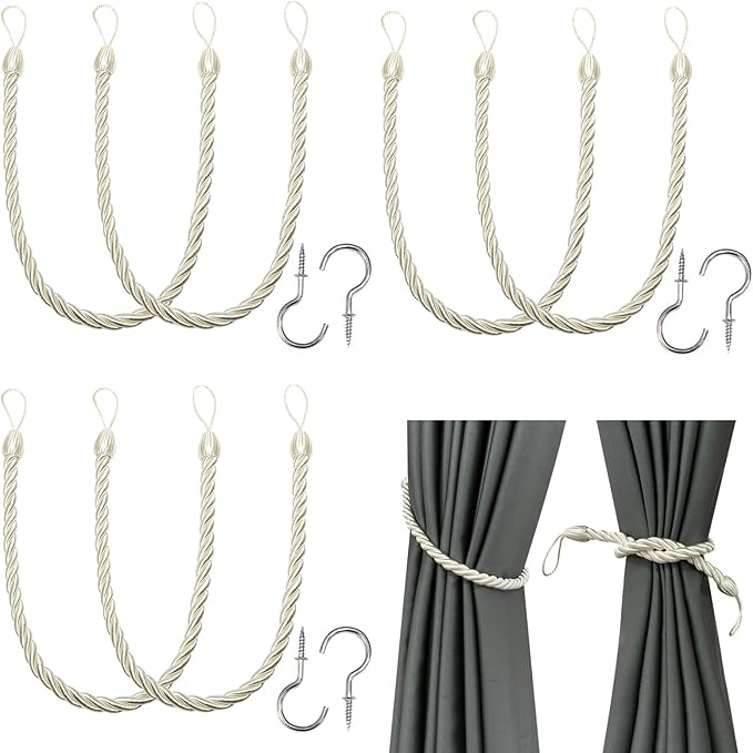 BEL AVENIR Curtain Ropes Tiebacks Tie-Backs, Curtain Handmade Holdbacks with 6 Metal Screw Hooks(Cream,6p)
