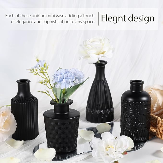 12pcs Glass Black Bud Vases Set, Small Vases for Flowers, Bud Vase for Centerpieces in Bulk, Mini Vintage Vase for Rustic Wedding Decorations, Office and Home Table Flower Décor