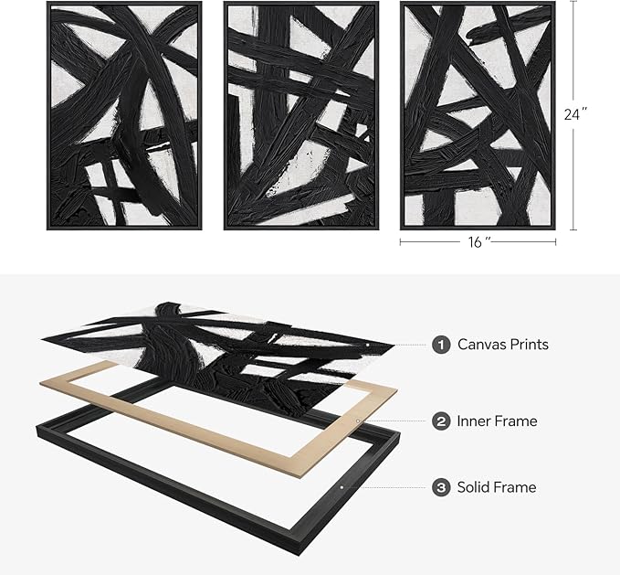 Framed Black and White Abstract Wall Art for Living Room, 3 Piece Modern Canvas Prints Artwork for Walls, Minimalist Black Lines Paintings for Hallway, Bedroom, Office Wall Decor, 16x24 Inch