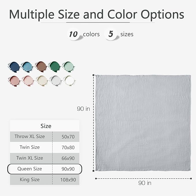 Carriediosa 100% Cotton Muslin Throw Blanket 90" X 90" Queen Size,4-Layers Summer Gauze Throws for Bed Couch,Soft Lightweight Breathable Linen Blankets Bedspread for Adults All Season,Grey