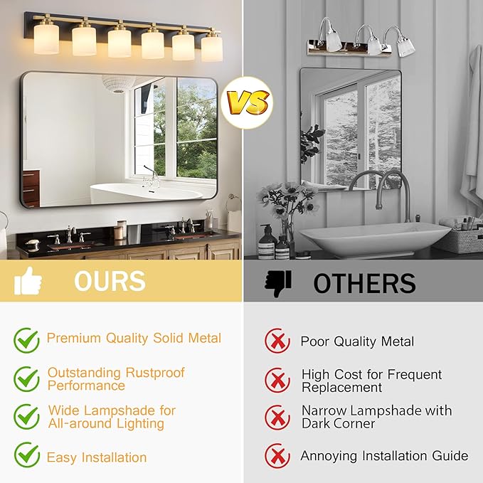 6 Light Modern Bathroom Light Fixtures Over Mirror, Black Gold Vanity Lights for Bathroom Wall Sconces with Milky White Glass Shades, E26 Socket (Bulbs Not Included)