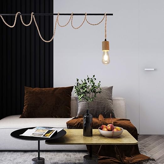 Arturesthome Wood Pendant Light Cord Kit with Switch, 5FT Vintage Industrial Hanging Light Plug in Lamp Cord with Twisted Nylon Rope Lights Socket E26 E27 for Farmhouse Lamp Cable Retro DIY (5FT)