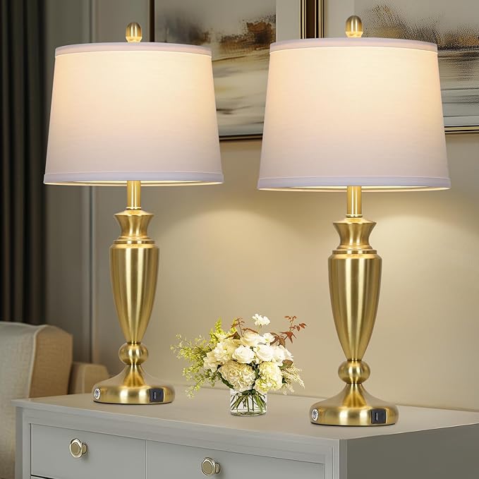27'' Gold Table Lamps for Living Room with White Lampshade, 3 Way Touch Control Bedside Lamps Set of 2 with USB A+C Ports, Modern Metal Nightstand Lamp for Bedroom Office End Table
