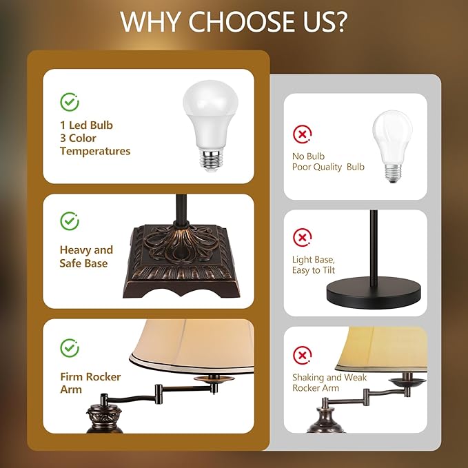 PARTPHONER Vintage Floor Lamps for Living Room,Traditional 350° Adjustable Swing Arm Farmhouse Floor Lamp for Bedroom, Rustic Standing Lamp Pole Lamps for Reading, Home Décor and Office, Brown