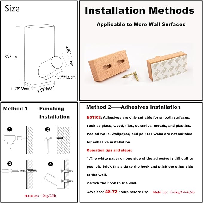 HomeDo 8Pack Adhesive Wall Hooks Hat Rack, Wooden Coat Hooks Wall Mounted, Decorative Single Organizer Hat Hanger Towel Rack, Heavy Duty Hooks (Rectangle-Beech,8P)