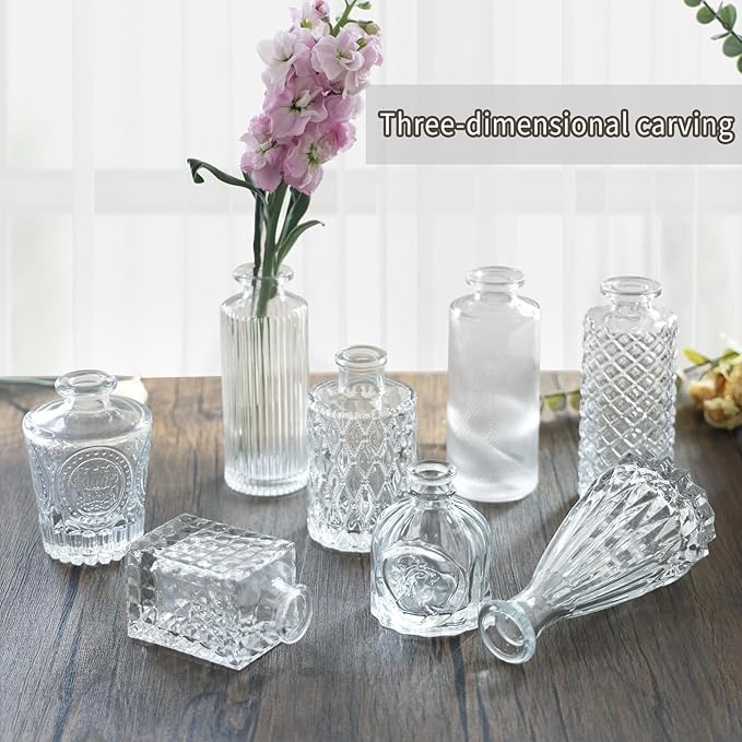 CUCUMI 24 Small, Glass Bud Vase Set for Flowers in Bulk for Rustic Wedding Decorations Vintage Look Home Table Decor, Centerpieces, Clear