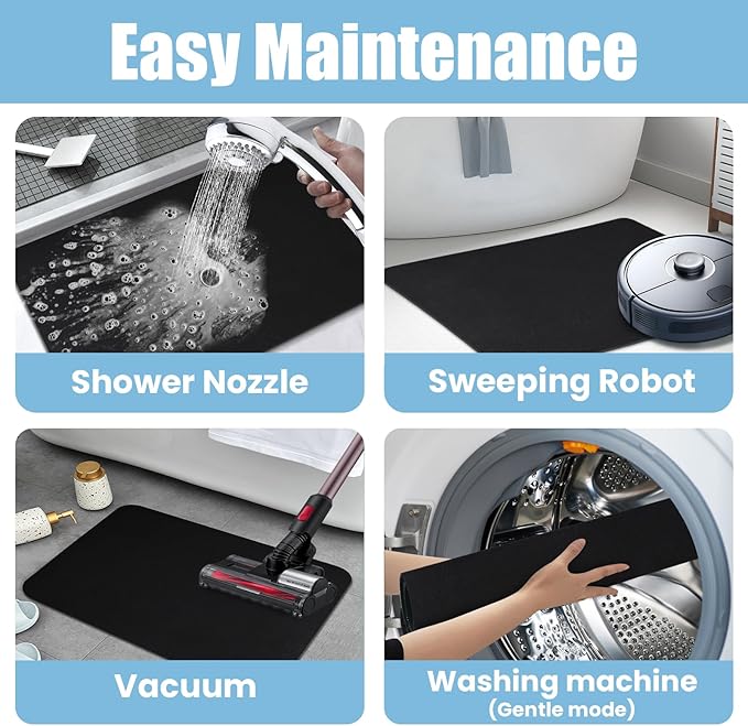 Large Bathroom Rugs Diatomaceous Earth Bath mat Super Absorbent Quick Dry Non Slip Bath Mat Thin Bathroom Floor Mats Fit Under Door-Shower Rug for in Front of Bathtub Shower, Black, 19.6"x31.5"