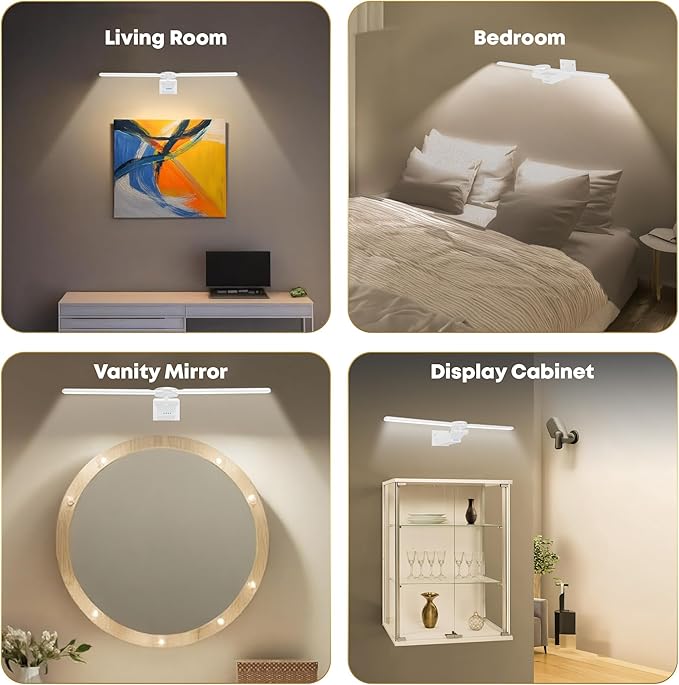 2 Pack Picture Light for Wall, 18in Rechargeable Wall Art Light with Timer and Dimmable, Painting Frame Light with Remote Control Display for Painting, Frame, Portrait, Dartboard(White)