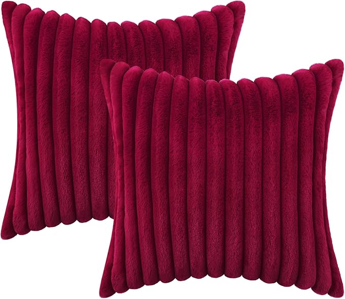 decorUhome Faux Fur Christmas Throw Pillow Covers 26x26 Set of 2, Decorative Soft Plush Striped Neutral Couch Euro Pillow Covers with Velvet Back for Sofa, Bed, Living Room Home Decor, Burgundy