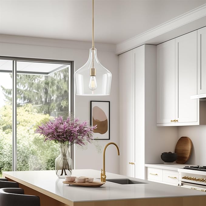 Kira Home Lucy 16" Modern Pendant Light + Clear Glass Vase Shade, Adjustable Hanging Height, Cool Brass Finish