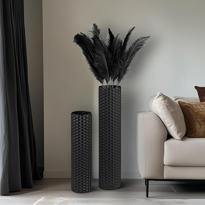 Sziqiqi Black Cylinder Tall Floor Vase: 27.6/21.7in Metal Extra Large Decorative Vase Set of 2 Living Room Modern Honeycomb Texture Big Standing Vase for Dining Bedroom Home Corner Indoor Office