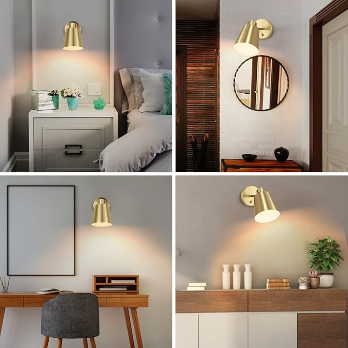 Dimmable Wall Sconce, Plug in Wall Sconce Adjustable Angle Wall Lights with Plug in Cord and Dimmer On/Off knob Switch, Gold Wall Mounted Light for Bedside Bedroom Doorway(1 Pack, 1 Bulb)