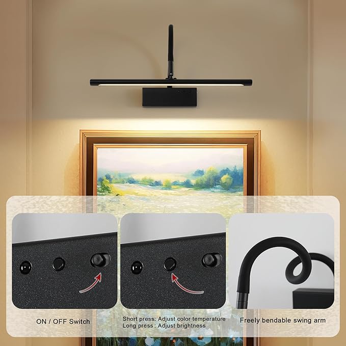 JOOSENLUX Wireless Picture Light with Remote Control Battery Powered Art Light 15.75 Inch Black Gallery Light Dimmable and Timer Function for Pictures, Display, Artwork, Gallery