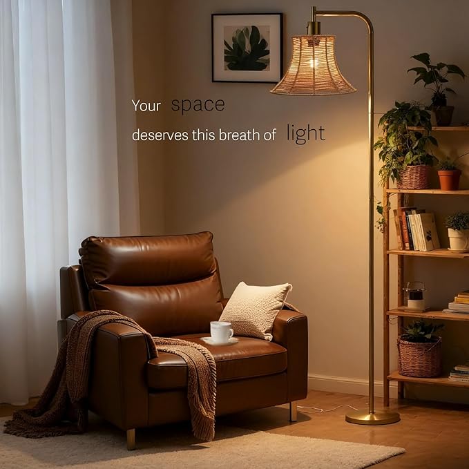 Floor Lamp,67" Modern Vintage Standing Lamp with Rattan Lampshade Metal Pole for Living Room, Bedroom, Office - Heavy Base,Pedal Switch(Include E26 Bulb)