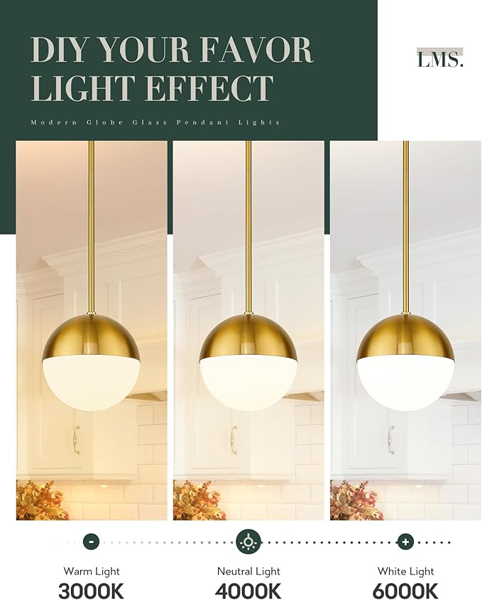 LMS 2-Pack Brushed Gold Pendant Lights, Modern Pendant Light with Milky Globe Glass Shade, Adjustable Hanging Lighting Rod for Kitchen Island Dining Room Bedroom, LMS-186BG2PK